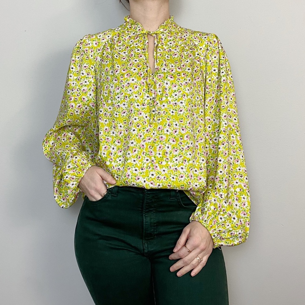 Cupcakes & Cashmere Lime Green Floral Ruffle Neck Tie Blouse